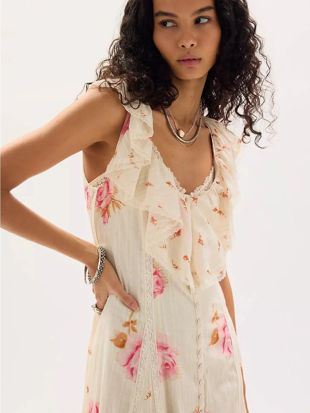 Free People Cream Maxi Dress with Pink Rose Print - Picture 3 of 9